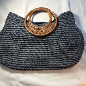 Elegant Blue Woven Handbag with Wooden Handles. Handles are gorgeous.